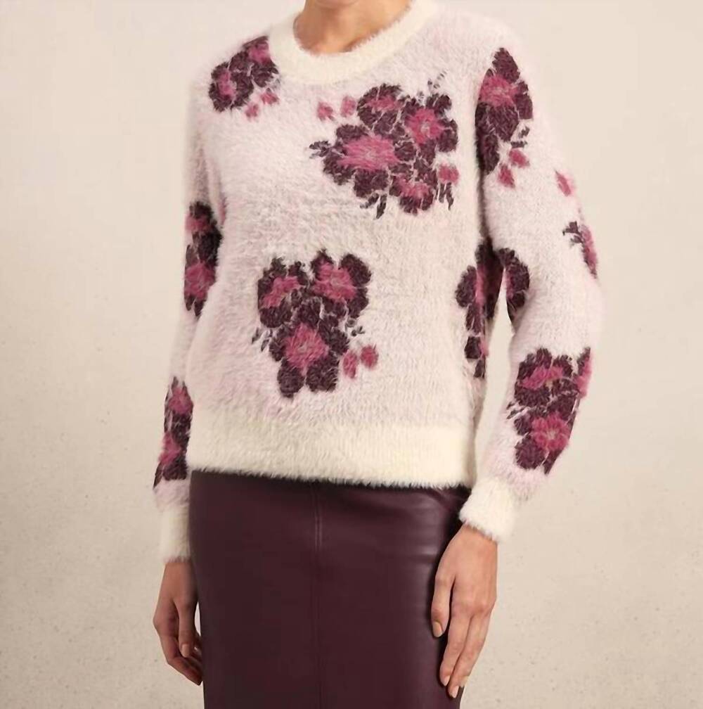 NEW VERO MODA floral fuzzy o-neck pullover sweater in purple multi